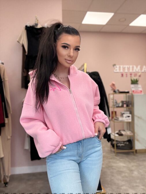 Bluza rozpinana z kapturem LaLu haftowane logo Pudrowy róż